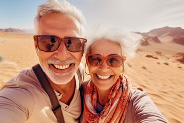 Selfie portrait photo of happy contented satisfied retired excited couple lovers enjoying traveling together