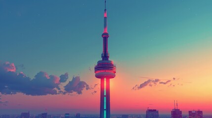 Obraz premium Stunning Sunset View of a Modern Tower Against a Vibrant Sky with Clouds and Cityscape
