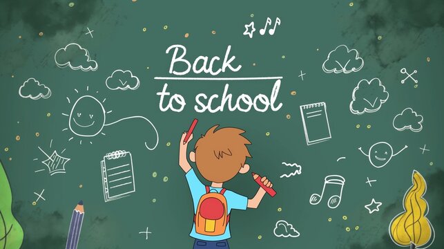 Back to school. Kid writing Back to school on the blackboard