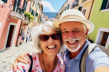 Obraz premium Selfie portrait photo of happy contented satisfied retired excited couple lovers enjoying traveling together