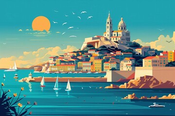 Marseille landmarks, Old Port and Notre Dame de la Garde, France, minimal flat design illustration, No logo, No Trademark, No text, minimal concept with copy space for stock photo