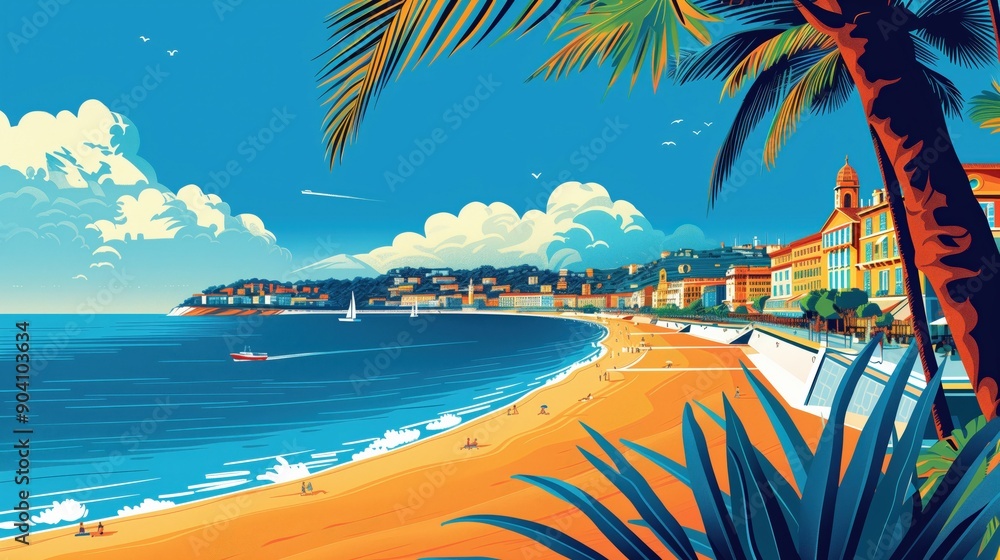 Wall mural nice landmarks, promenade des anglais and castle hill, france, minimal flat design illustration, no 