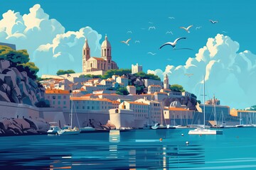Marseille landmarks, Old Port and Notre Dame de la Garde, France, minimal flat design illustration, No logo, No Trademark, No text, minimal concept with copy space for stock photo