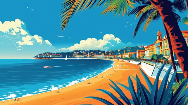 Nice landmarks, Promenade des Anglais and Castle Hill, France, minimal flat design illustration, No logo, No Trademark, No text, minimal concept with copy space for stock photo