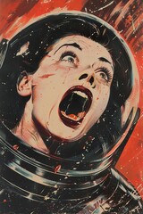 Terrified woman screaming in a space helmet dark sci-fi character face close-up