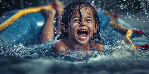 Splash of the Sea: A young girl laughing as she splashes in the water around a small inflatable boat