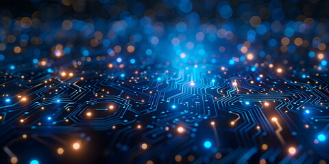 Fototapeta premium Blue circuit board and technology elements, futuristic and reliable feel, emphasizes modernity and reliability in technology. Hi-tech digital network concept for web design, banner or presentation.