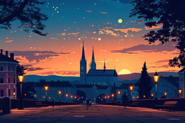 Naklejka premium Zagreb landmarks, St Marks Church and Ban Jelacic Square, Croatia, minimal flat design illustration, No logo, No Trademark, No text, minimal concept with copy space for stock photo