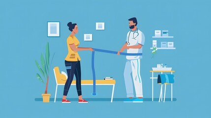 A doctor measures a patient's waist with a measuring tape in a medical office.