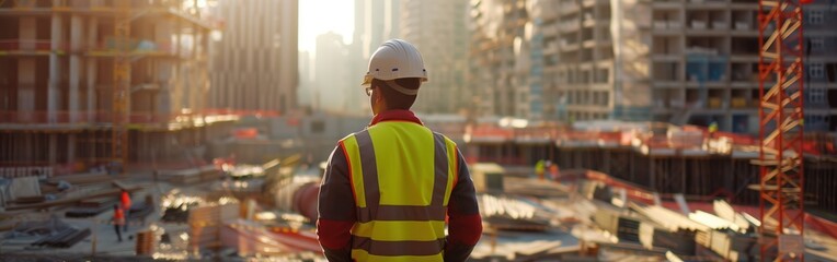 Fototapeta premium Architect Standing on a Building Site Overseeing Construction Progress at Sunrise