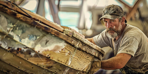 Boat Builder's Pride: A skilled craftsman sanding down the edges of a wooden boat under construction
