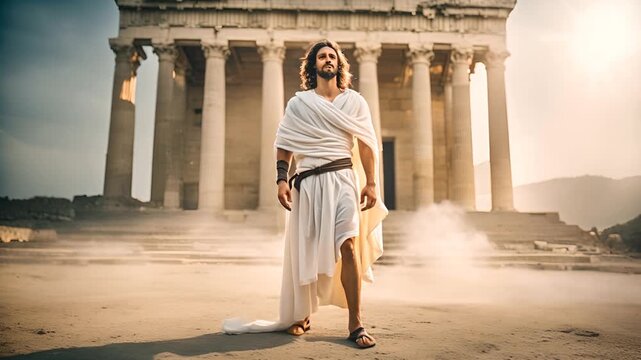 A guy in white ancient clothes against the background of ancient columns, Greek mythology, Apollo
