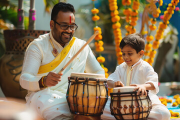 father and son playing traditional drums