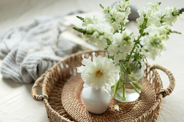 Cozy still life with white flowers. Home style and coziness.