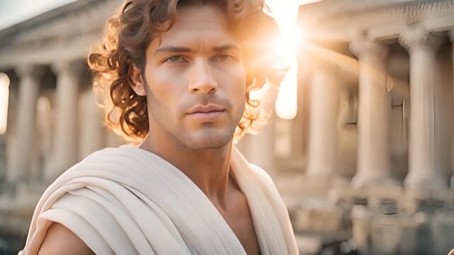 Portrait of a handsome man in ancient clothes against the background of ancient architecture, Greek mythology, Apollo
