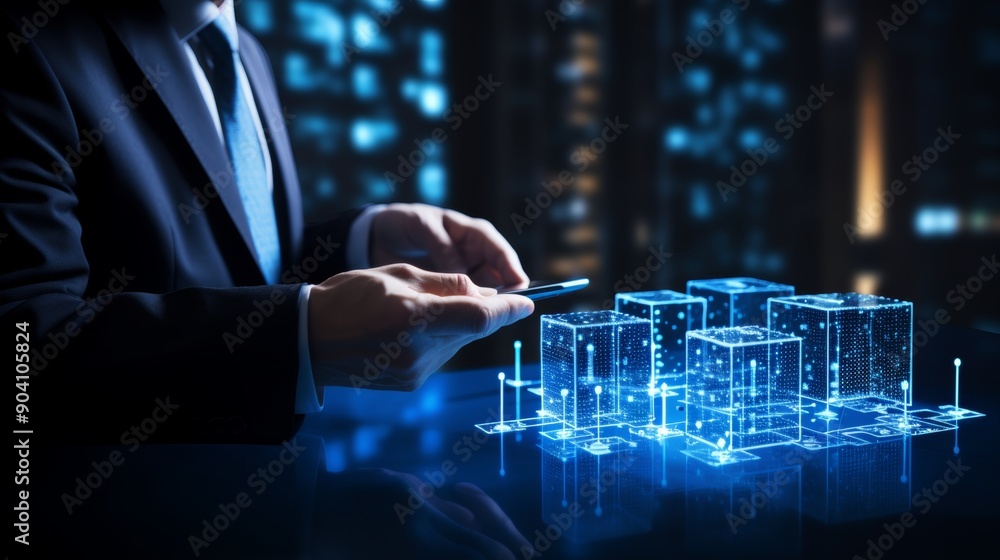 Poster digital tablet for data encryption businessman with innovative technology background