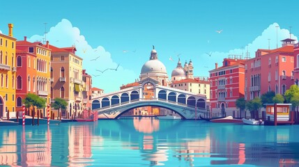 Venice landmarks, St Marks Basilica and Rialto Bridge, Italy, minimal flat design illustration, No logo, No Trademark, No text, minimal concept with copy space for stock photo