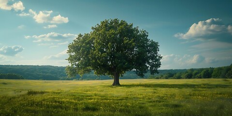Lonely Tree in a Field with Green Grass and Yellow Flowers Illustration