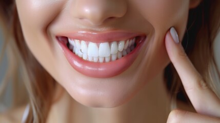 Obraz premium Close-Up of a Smiling Woman Highlighting Perfect Teeth and Healthy Gums