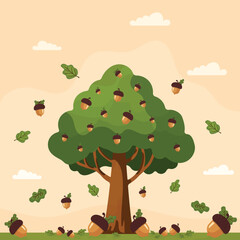 Oak tree and acorns flat  illustration © Marina
