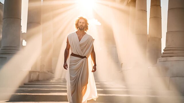 A man in ancient clothes against the background of ancient architecture, Greek mythology, Apollo