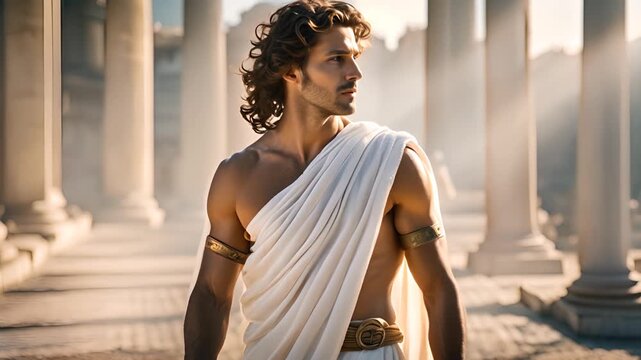 handsome man in ancient clothes and accessories against the background of ancient buildings, Ancient Greek mythology, God Apollo