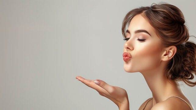 beautiful woman blowing a kiss, close-up, side profile, grey background, copyspace for text