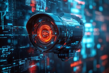 Obraz premium Futuristic Security Camera with Glowing Red Interface