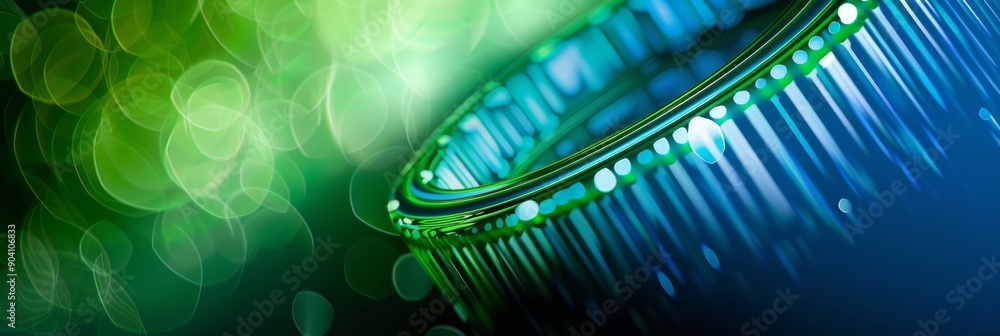 Poster close-up of an abstract microchip with vibrant green and blue bokeh background, representing technol