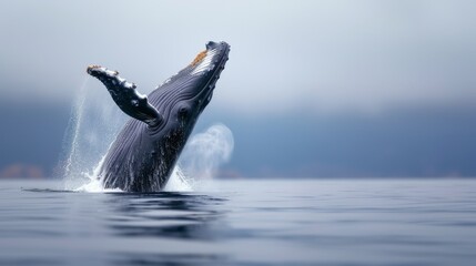 Fototapeta premium A majestic whale breaching the surface of the ocean, showcasing its power and grace in a serene marine environment.