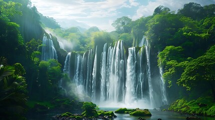 Fototapeta premium Majestic Waterfall in Lush Green Forest - Realistic Nature Photography