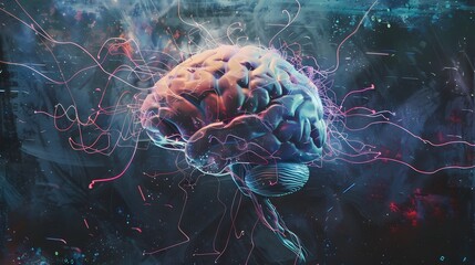Obraz premium A stylized human brain surrounded by colorful energy lines.