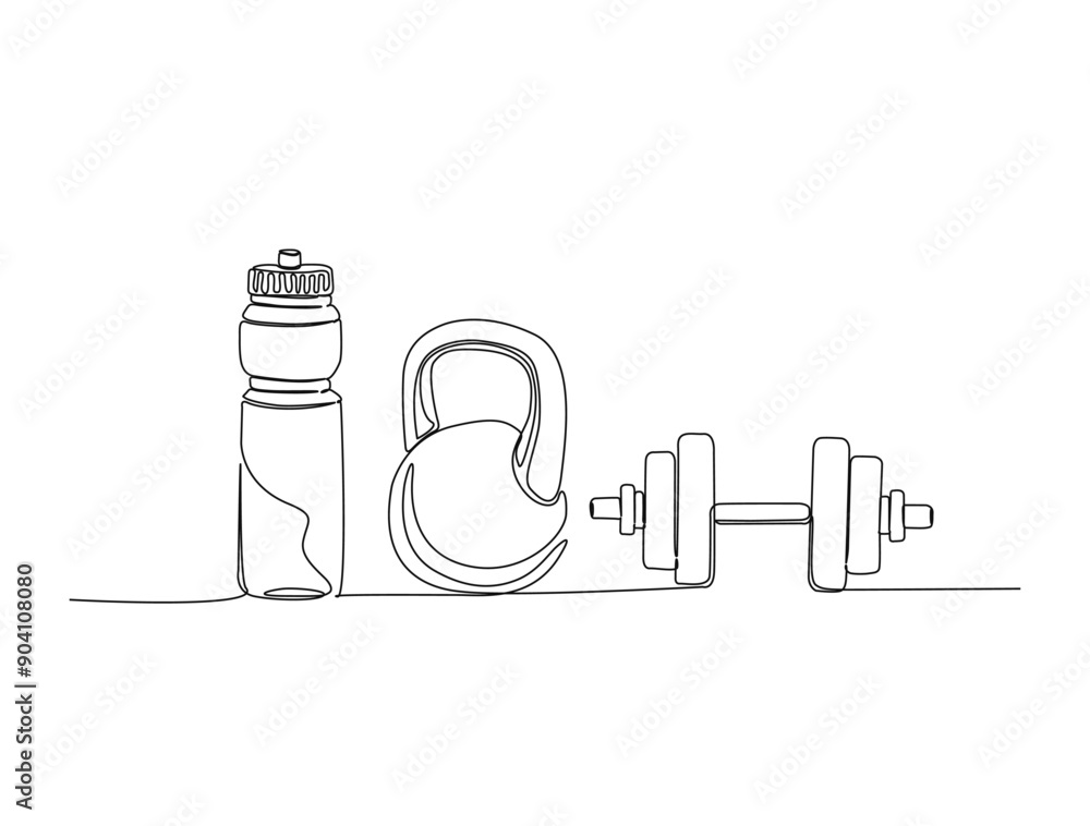 Wall mural Continuous one line drawing of Dumbbell - Barbell gym equipment. Water bottle and Fitness equipment single line vector illustration.