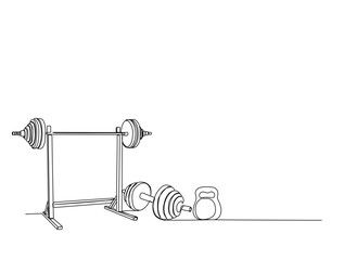 Continuous one line drawing of Squat rack -  gym equipment. Weight Bench , barbell, kettlebell single line vector illustration.