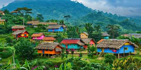 Obraz premium Vibrant Village: Colorful huts dotting a lush landscape, people in traditional attire.