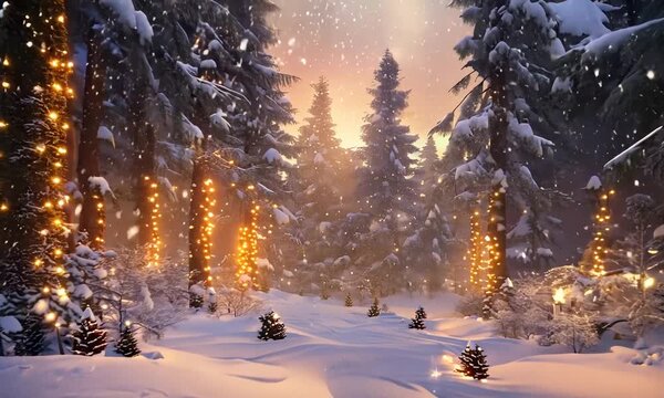 Christmas evening forest with lights, magical atmosphere, holiday scene