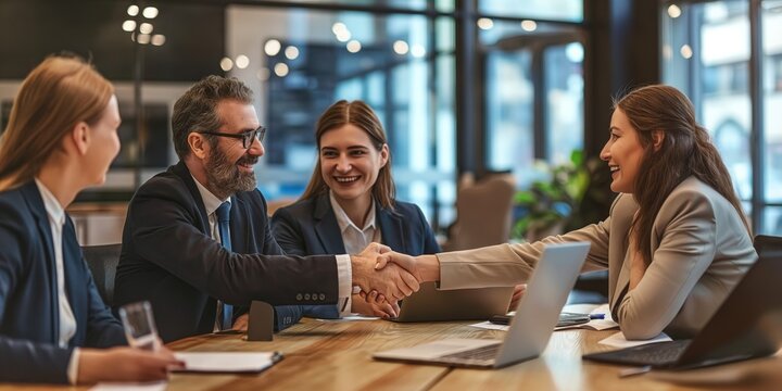 A highly professional business meeting bringing together experienced lawyers and valued clients for open discussion and collaboration, focusing on agreements and strategies to enhance teamwork