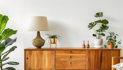 Retro wooden furniture, minimalist sideboard with lamp, plants, decor, white wall background, living room closeup, HD image.
