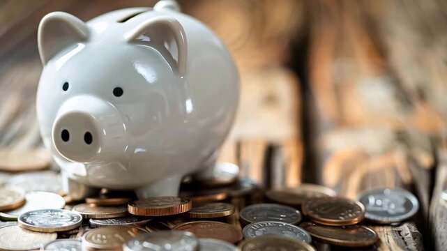 A piggy bank full of coins sits on a wooden table. The coins are scattered around the piggy bank, with some of them piled on top of it. Concept of financial responsibility.