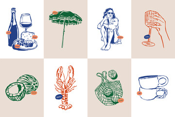 Minimalist hand drawn travel vector illustration collection. Art for postcards, branding, logo design, background.	

