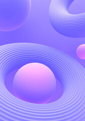 Abstract futuristic vibrant balls and textured rings on purple background. 3d rendering.
