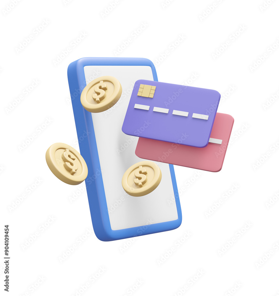 Aufkleber 3d rendering consisting of mobile phone, credit card and coin icons isolated on transparent backgrou
