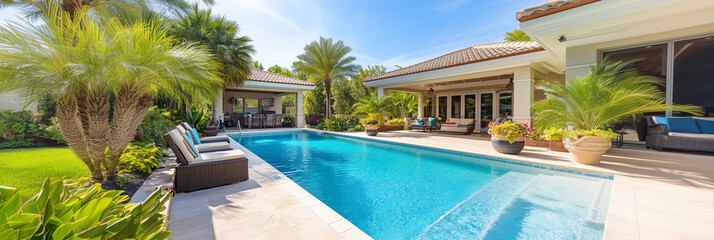 Swimming pool in a luxurious home with expansive patio area and lush tropical landscaping, that conveys opulence, relaxation and resort-style living