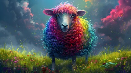 Rainbow Sheep in a Field of Flowers.