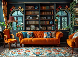 Cozy lounge library room with sofa, huge window, bookshelves and plant pots