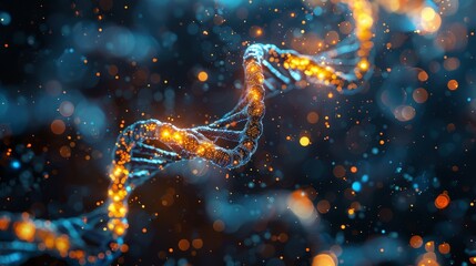 DNA double helix with glowing particles on dark.