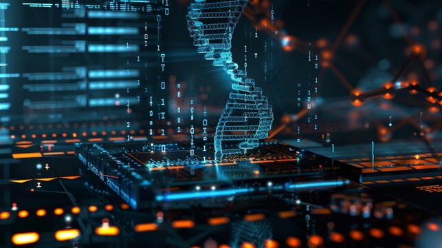 Futuristic digital DNA helix emerging from microchip, surrounded by binary code and glowing circuits, symbolizing biotechnology and genetic engineering advancements. - Powered by Adobe