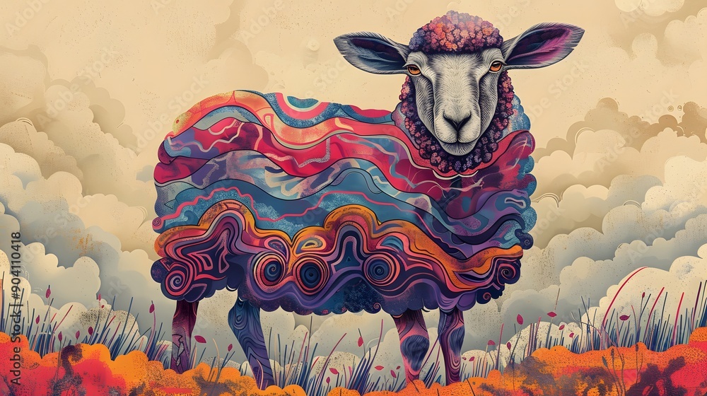 Poster abstract sheep in a colorful field.