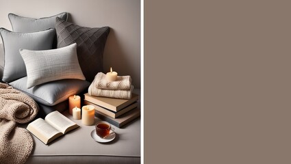 Cozy setup with pillows, candles, and reading materials in flat lay