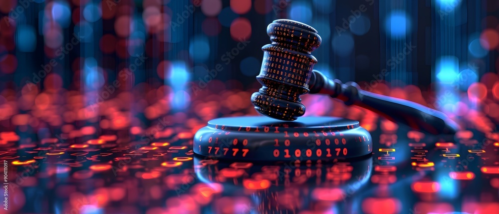 Aufkleber digital justice gavel with binary code background.